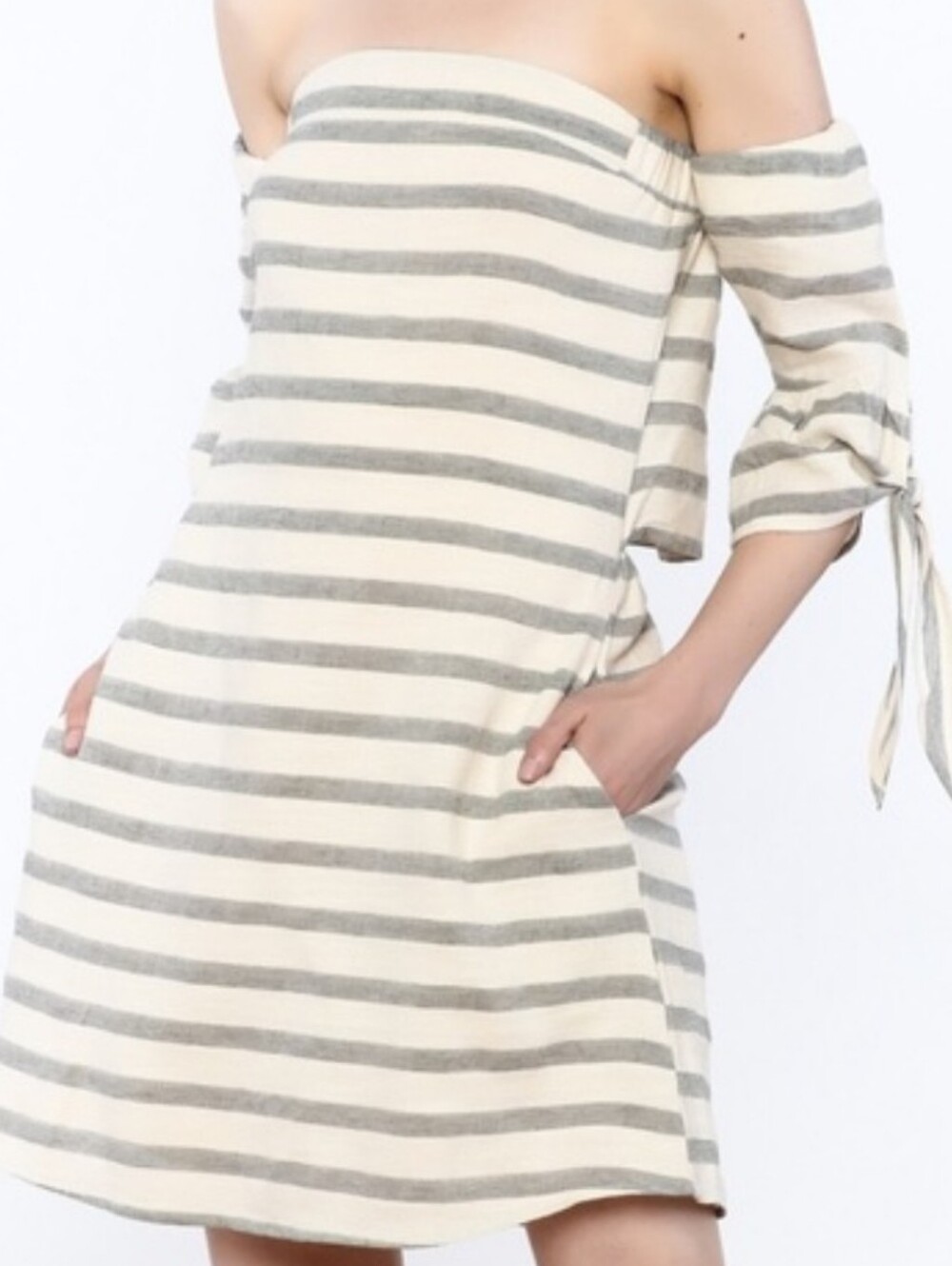 Listicle Cream and White Striped Off-Shoulder Backless Dress